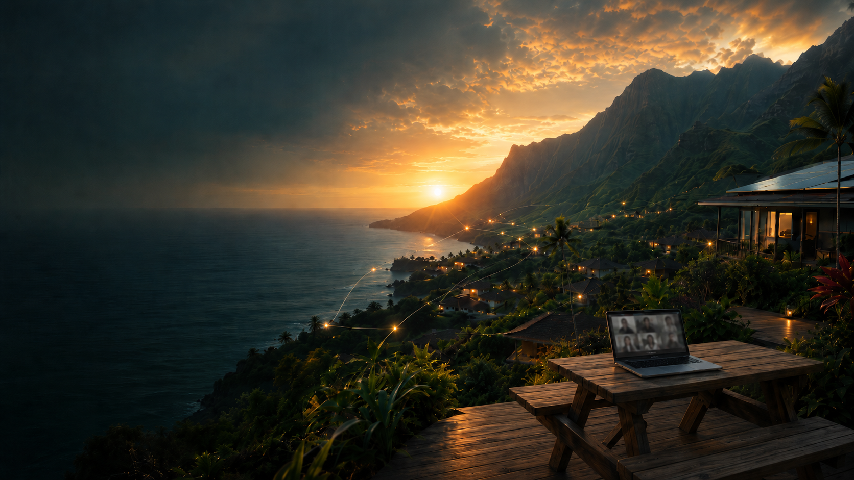 A laptop on a lānai showing a video call, overlooking a Hawaiian coastline at sunset with threads of light connecting a hillside village